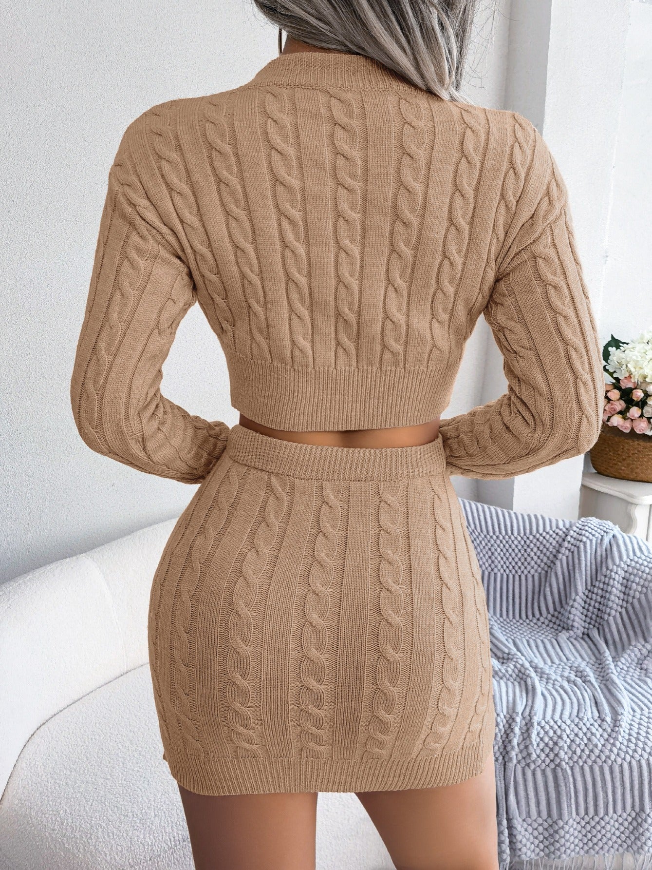 Autumn-Winter European and American Street Style Twist Crop Top Sweater and Hip-Wrapped Skirt Set