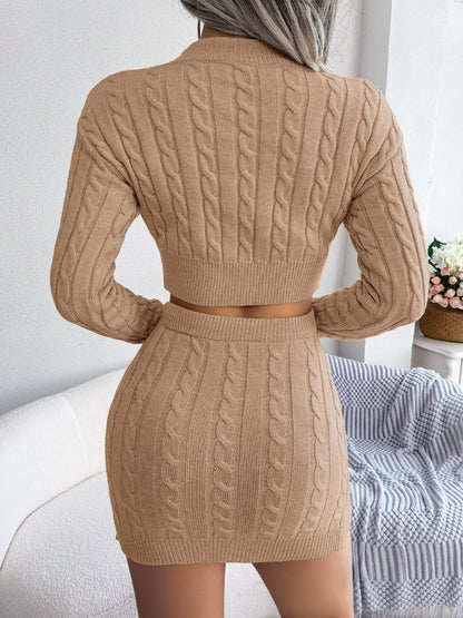 Autumn-Winter European and American Street Style Twist Crop Top Sweater and Hip-Wrapped Skirt Set