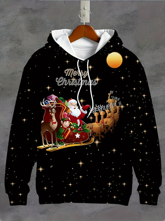 Men's Merry Christmas Hoodie, 100% Polyester Knit Fabric, Regular Fit, Santa Claus and Reindeer Starry Night Design, Slight Stretch, 200gsm, Autumn Winter Party Sport Style Top, Plus Size, Best for Christmas, PLUS SIZE