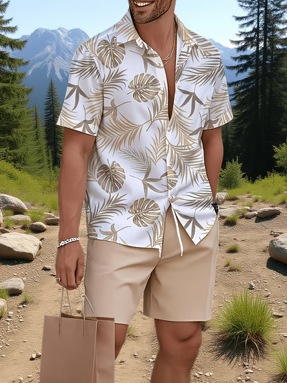 Men's Casual Summer 3D Print Lapel Shirt and Drawstring Shorts Set
