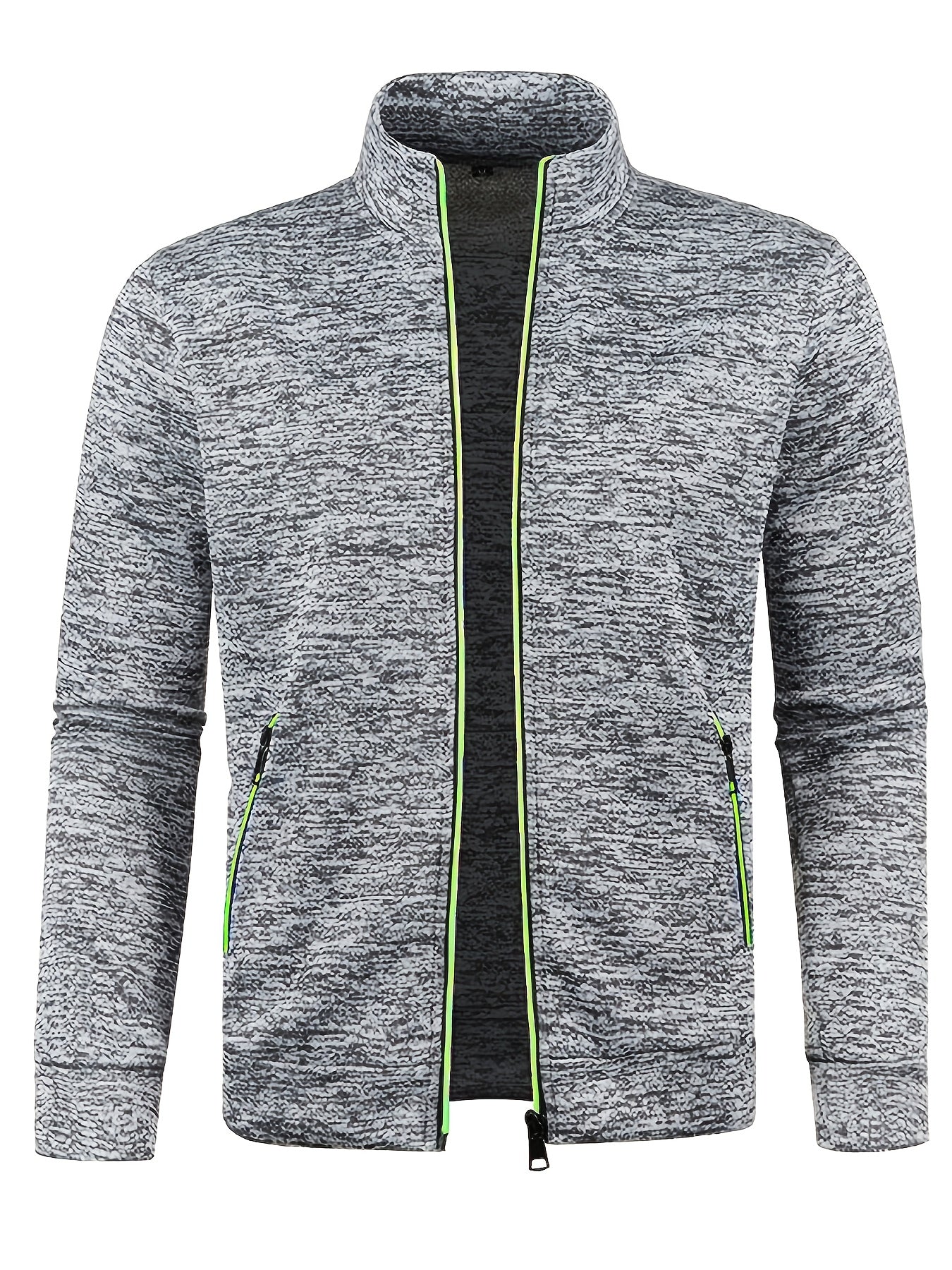 Men's Stand Collar Jacket - Full-Zip Casual Athletic Coat, Light Grey with Lime Accents, Zippered Front Closure for Gym, Office, Everyday - Machine Washable Outerwear, Gym Wear, Sporty Design, Smooth Texture, Lightweight Coat