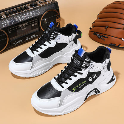 Men's Sneakers - Thick Platform Cushioned Sole, Lace-Up Closure, PU Upper  Non-Slip PVC Outsole - All-Season Gym, Casual, Everyday Sneakers - Black/White Colorway - Affordable Men's Footwear, Casual Walking, Trendy Kicks, Co