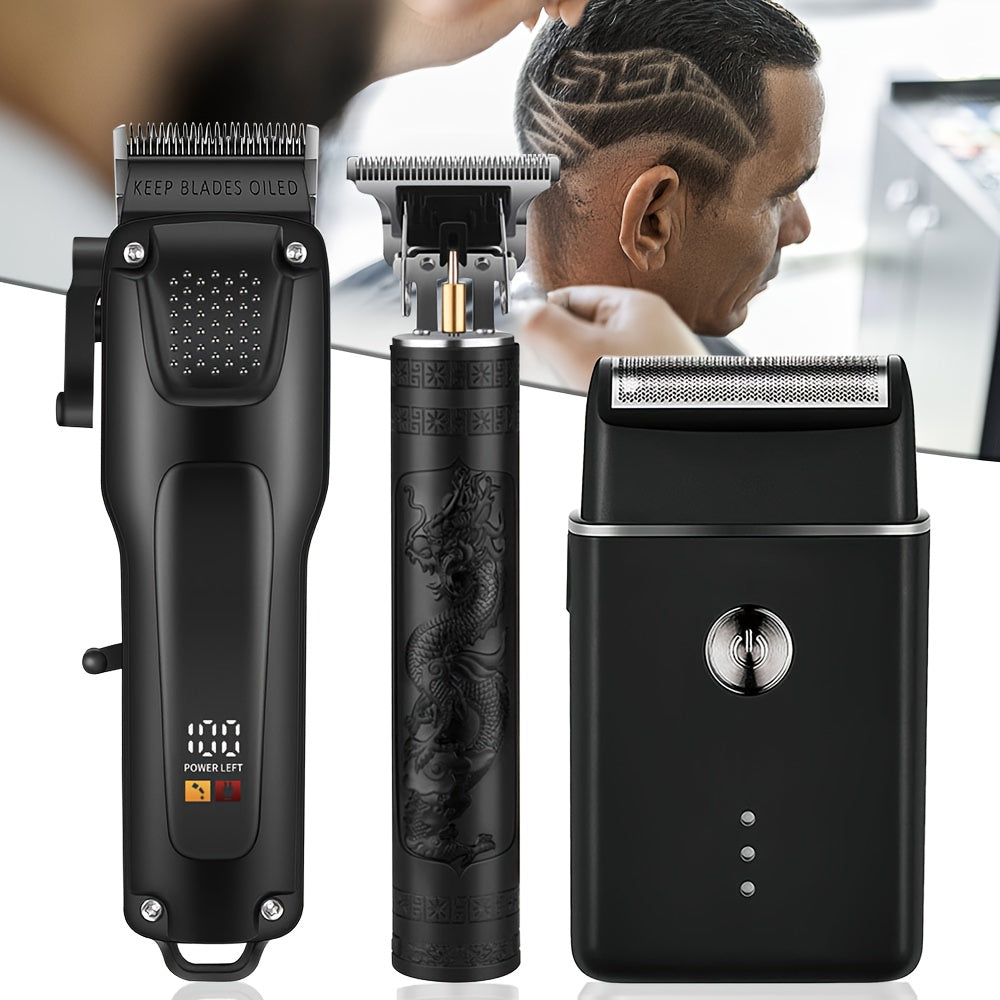 3pcs Men'S Professional Hair & Beard Grooming Kit - Cordless Clippers with LED Display, Precision Trimmer Set, USB Rechargeable, for Home Use, Perfect Holiday Gift - ayq