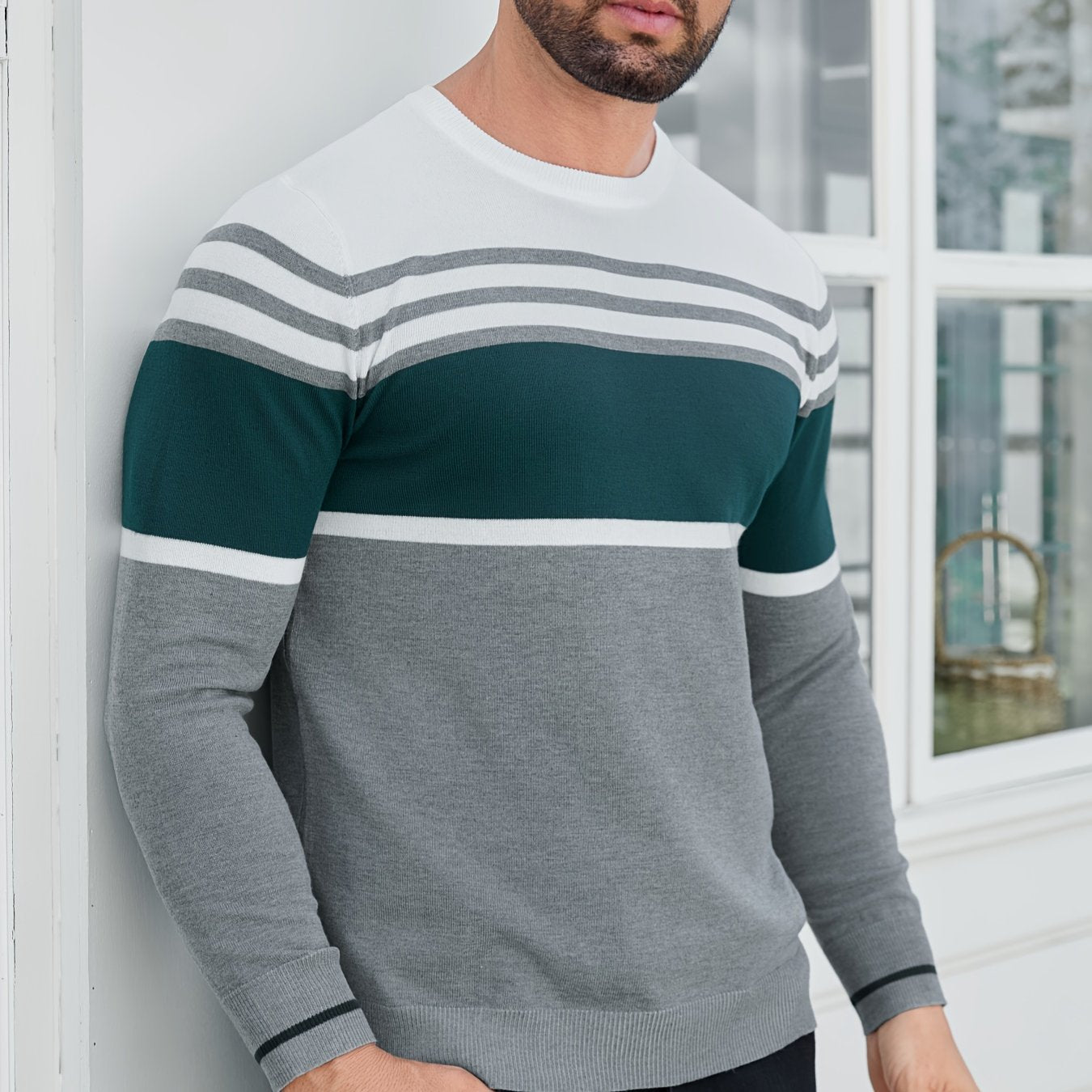 Men's Casual Comfort Knit Sweater, New Spring/Autumn Round Neck Base Layer Three-Stripe Contrast Color Pullover