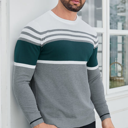 Men's Casual Comfort Knit Sweater, New Spring/Autumn Round Neck Base Layer Three-Stripe Contrast Color Pullover