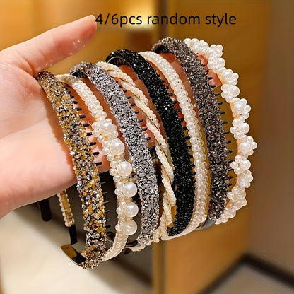 Boho Pearl & Rhinestone Headbands - Set of 4 or 6 for Women