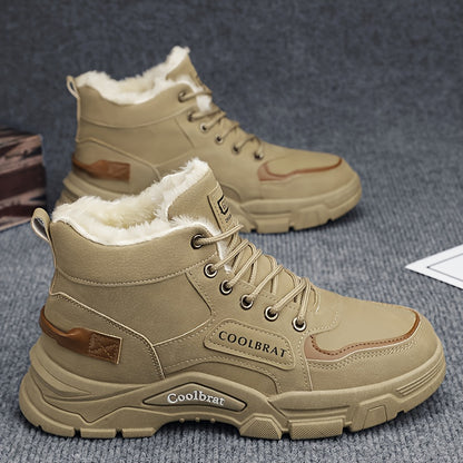 Men's Mid-Calf Winter Boots with -Like Collar & Plush - Heavy-Duty PU Upper, PVC Sole, Lace-Up Ankle for, Outdoor, Casual & Gym - Beige/Tan (Warm Cold Weather Trekking Shoes)