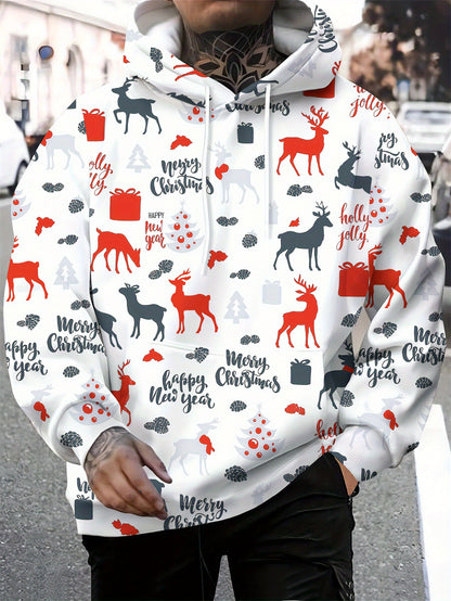 Men'S Christmas Hoodie - Red & Black Holiday Sweatshirt with Merry Christmas Text, Hooded Pullover for Christmas Party Outfit, Casual Winter Clothing - Festive Casual Attire, Christmas Clothes, Seasonal Fashion, Geometric Pri