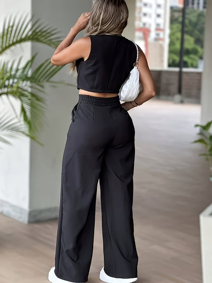 New Women's Pants Set, Sleeveless Waist-Cinching Vest Set with Wide-Leg Pants, Mature and Elegant 2pcs Commuter Outfit - ayq