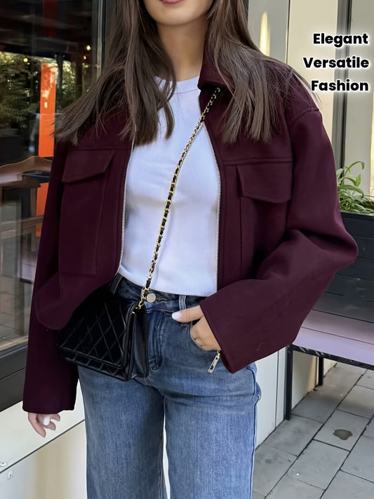 Women'S Elegant Solid Color Zipper Jacket with Large Pockets - Versatile Casual to Commuter Style, Long Sleeve, Maroon, Perfect for Fall/Winter, Casual Outerwear | Chic Zipper Jacket | Stylish Women'S Jacket
