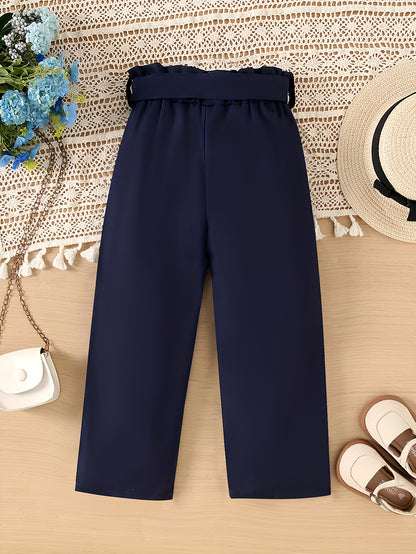 Girls' Casual Straight Leg Belted Pants in Solid Color