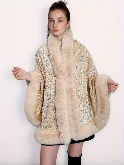 Plus Size, Women's Elegant Shawl Cloak Poncho - Luxury Brown Cape with Sparkling Glamour, Thick Winter Coat for Parties, Formal Events - Non-Stretch Fabric, Easy Care Elegant Wrap for Everyday Special Occasions, Party Wear, C