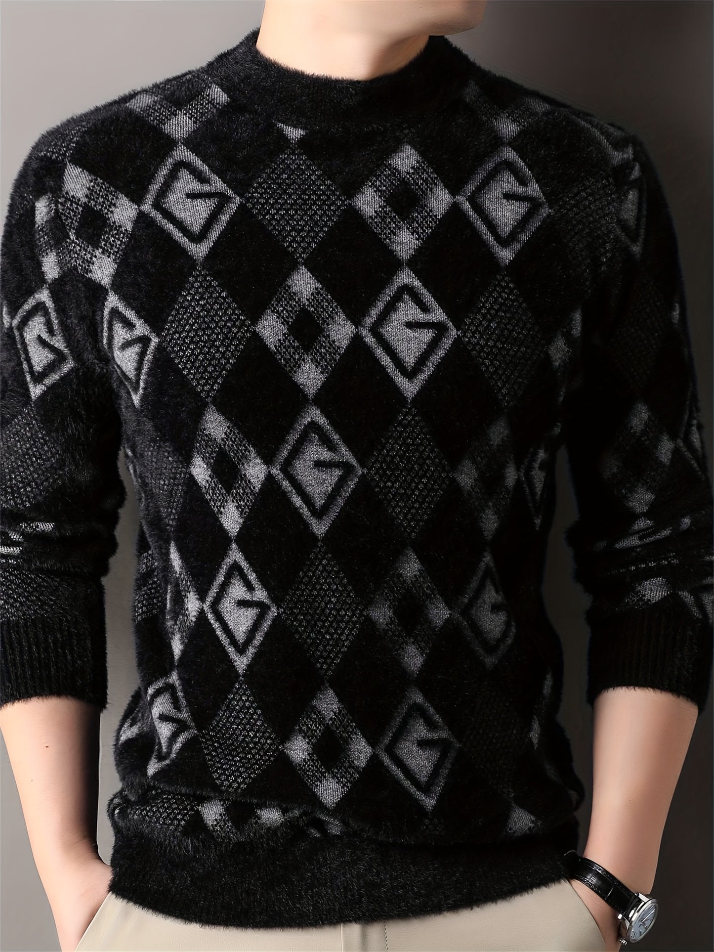 Maqiqi OBM Men's New Autumn/Winter Knit Pullover, Plaid Pattern Men's Sweater with Letter Decoration, Faux Mink Fur Round Neck Long Sleeve Men's Top, Soft and Comfortable Fabric, Suitable for Casual Outings, Men's Gift