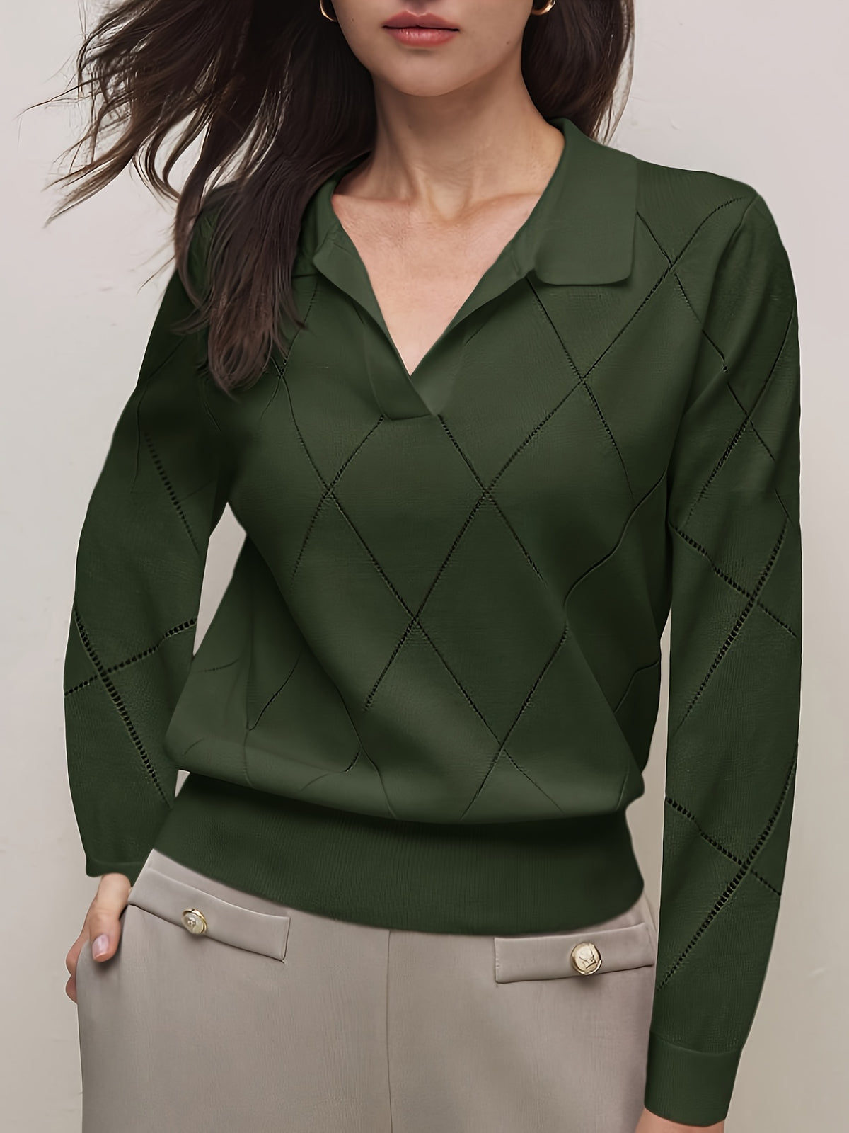 Elegant Women's Polo Neck Argyle Sweater with Loose Fit