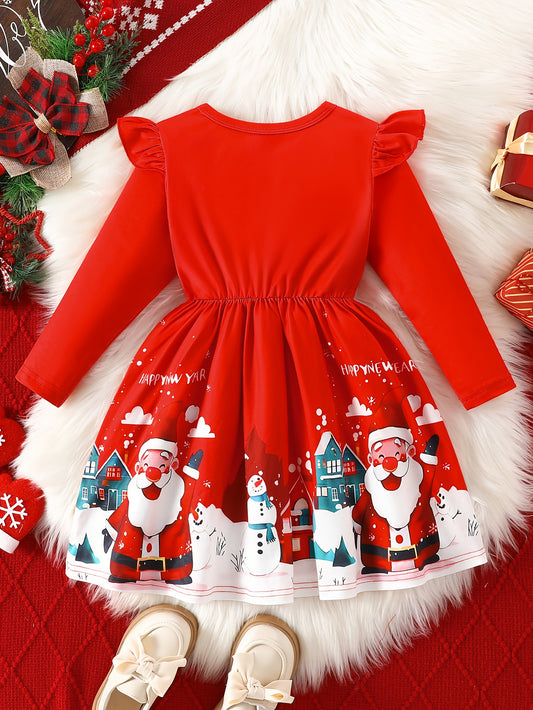 Girls' Christmas Party Dress - Long Sleeve Ruffled Hem Mid-Length Red Dress with Merry Christmas Print, Snowflakes & Santa Hats - Casual Holiday Outfit for Autumn & Winter Festive Celebrations, Durable Construction, Quality S
