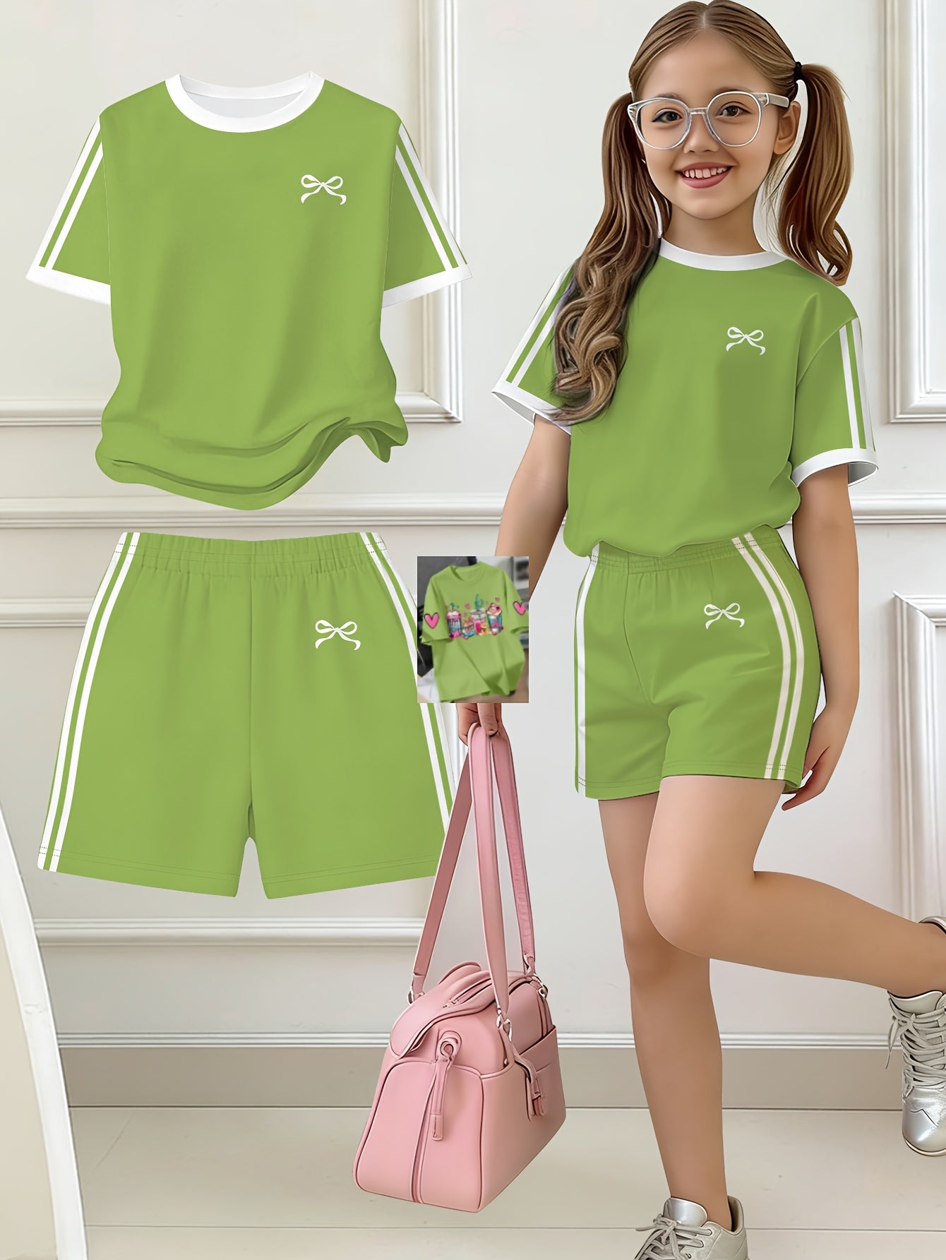 Girls' Butterfly Print Bow Short Sleeve Tee & Shorts Set
