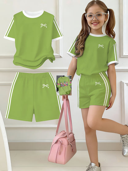 Girls' Butterfly Print Bow Short Sleeve Tee & Shorts Set
