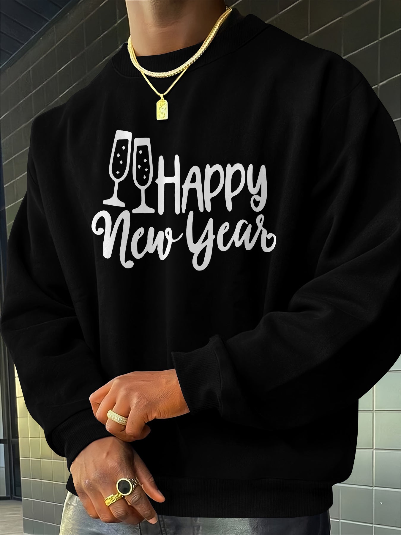 Men's Happy New Year Print Sweater - Champagne Glass & Confetti Design, Round Neck Casual Pullover, Machine Washable Winter Warmth, Comfortable Knit Sweater for Parties & Casual Attire (New Year's Eve Outfits) - Stylish Men's