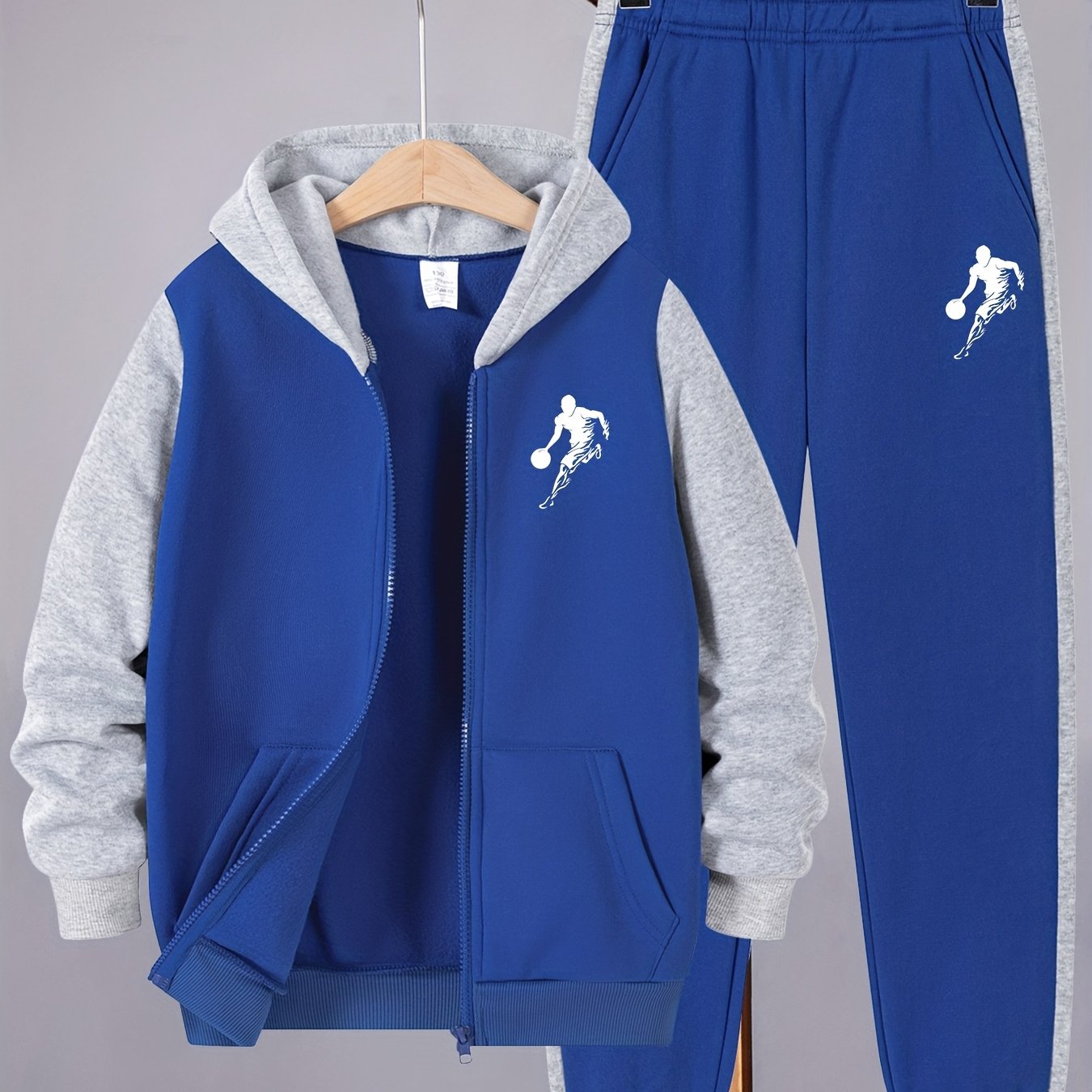 2pcs Boys' Casual Sportswear Set, Fashion Basketball Print Fleece-Lined Zip-Up Hoodie + Pants for Autumn and Winter, Suitable for Daily Wear and Outdoor Activities, Perfect for Outdoor