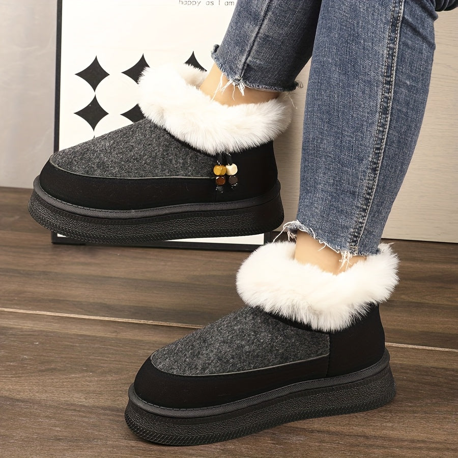 Women's Chunky Platform Winter Snow Boots with Plush Faux -Like Collar & Thick Rubber Sole - Beige/Dark Grey Round-Toe Traction for Ice, Snow, Slush - Cozy Casual & Formal Wear (Golden Buckle Accent)