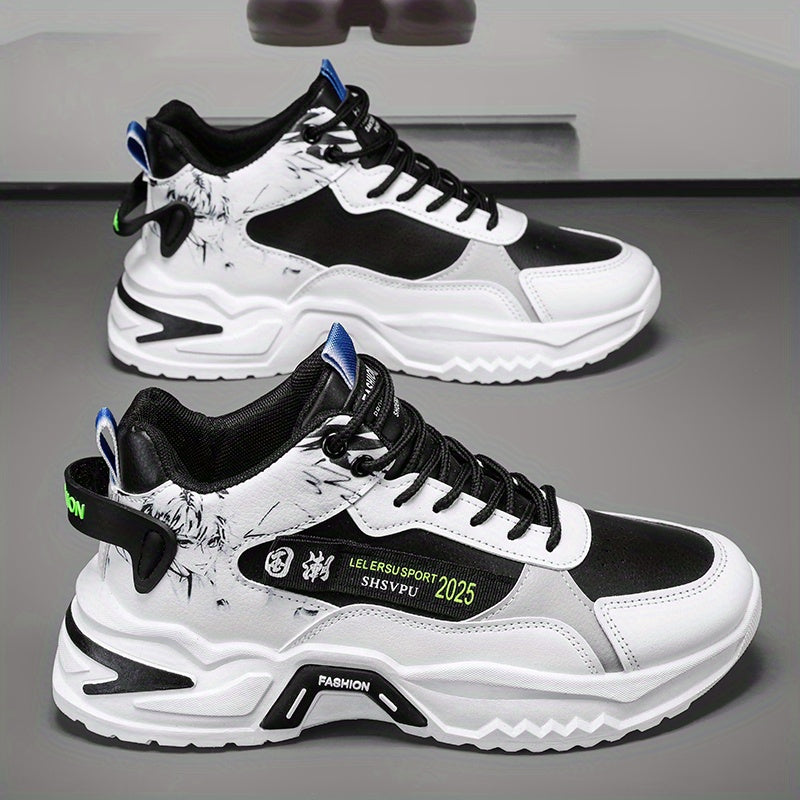 Men's Sneakers - Thick Platform Cushioned Sole, Lace-Up Closure, PU Upper  Non-Slip PVC Outsole - All-Season Gym, Casual, Everyday Sneakers - Black/White Colorway - Affordable Men's Footwear, Casual Walking, Trendy Kicks, Co