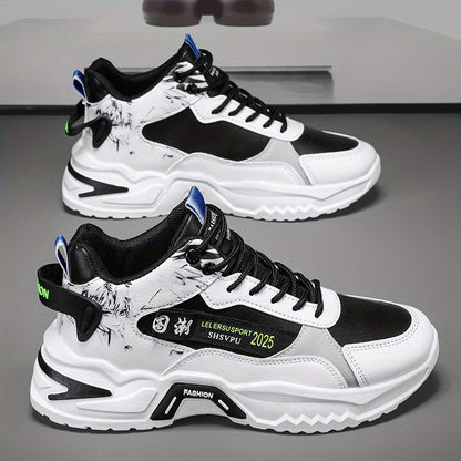 Men's Sneakers - Thick Platform Cushioned Sole, Lace-Up Closure, PU Upper  Non-Slip PVC Outsole - All-Season Gym, Casual, Everyday Sneakers - Black/White Colorway - Affordable Men's Footwear, Casual Walking, Trendy Kicks, Co