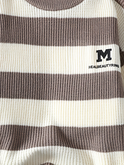 Men's 2025 Autumn/Winter Striped Sweater for Youth with Color Block Round Neck Casual Warm Knitwear