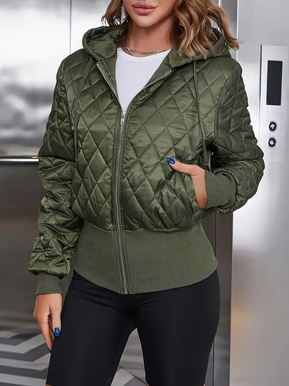 Women's Thick Zip-Up Hooded Jacket - Olive Green Full-Zip Front Closure, Non-Stretchy Structured Fit Coat for Casual, Formal, - Machine Washable Outerwear, Casual Wear, Classic Design, Highquality Material, Office Attire