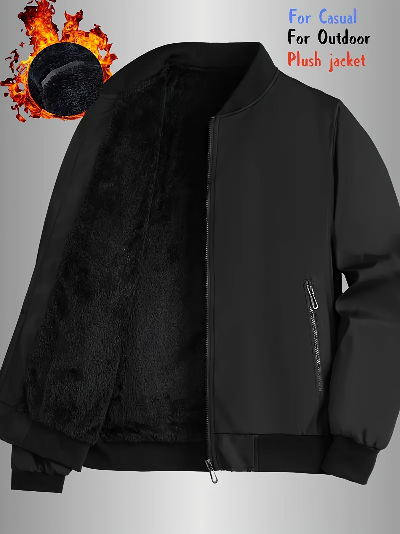 Men's Thermal Bomber Jacket - Heavyweight Winter Coat with Zippered Pocket, Casual Black Jacket, Polyester Outerwear for Men, Ideal for Aviation & Everyday Use, Casual Jacket For Men, Lightweight Jacket For Men, Winter Clothe