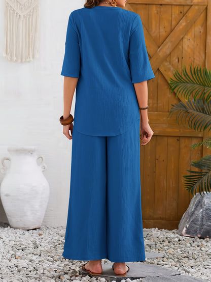 Women'S Large Size Elegant Wide Leg Pants Short Sleeve Top Set with Fake Buttons, YUKIWI