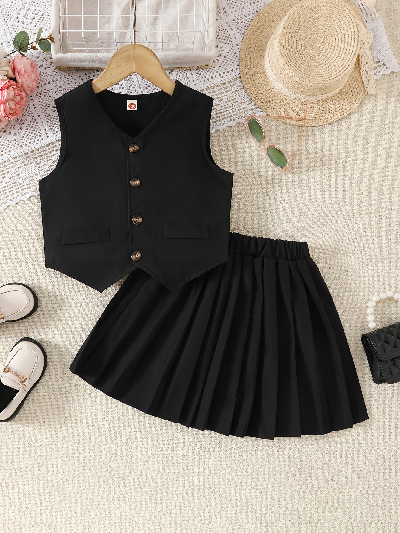 Girls' Solid Color Single-Breasted Vest with Pleated Skirt Set