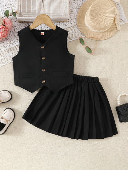 Girls' Solid Color Single-Breasted Vest with Pleated Skirt Set