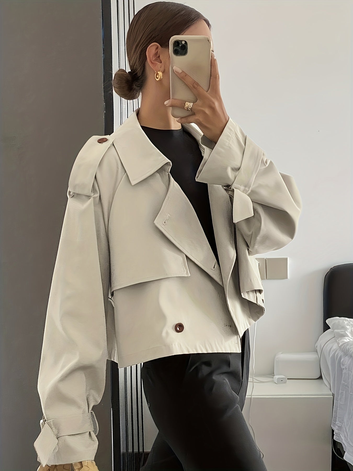 Women's Spring/Autumn Solid Color Simple Loose Casual Short Long Sleeve Trench Coat
