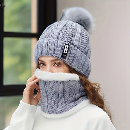 New Year's Acrylic Knit Beanie with Pom-Pom and Matching Scarf Set - Breathable, Elastic, Thermal Knitted Cap and Neck Warmer for Women with Toggle Closure - Hand Washable