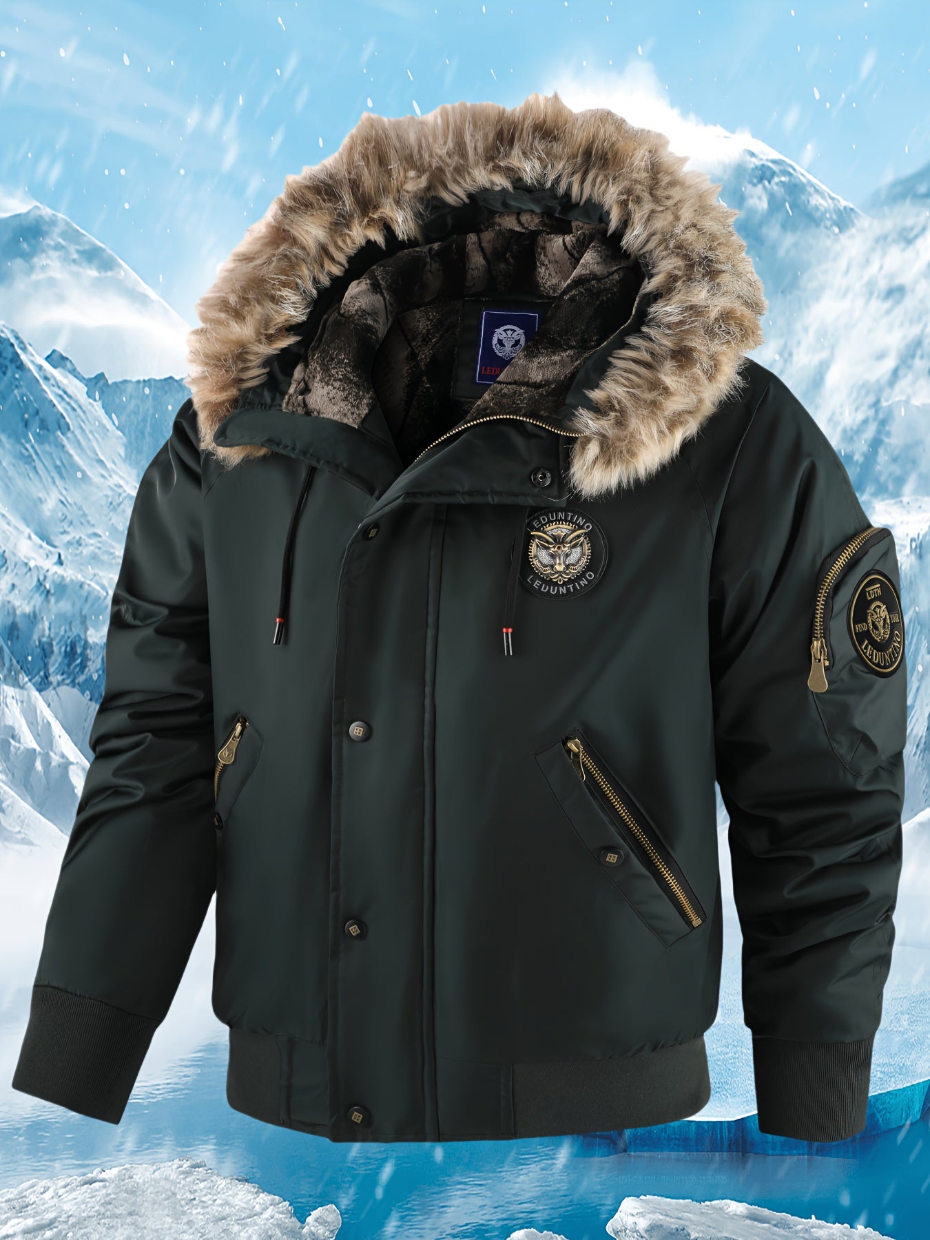 Men's Winter Coat - New Warm Hooded Jacket with Golden Print Accents, Loose Fit Casual Outerwear for Cold Weather, Machine Washable, Thick Comfort Plush Lining