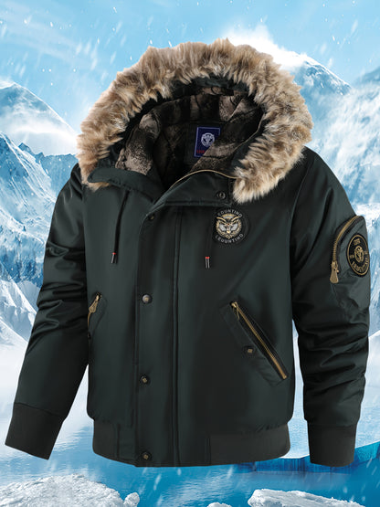 Men's Winter Coat - New Warm Hooded Jacket with Golden Print Accents, Loose Fit Casual Outerwear for Cold Weather, Machine Washable, Thick Comfort Plush Lining