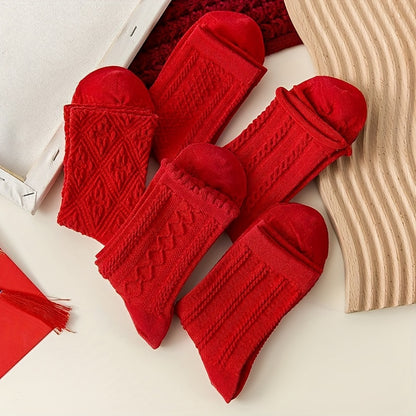 5 Pairs Women'S Red Socks with Intricate Embossed Patterns - Cozy Winter Socks for Fall & Winter, Soft & Durable, Solid Color Design, Perfect for Casual or Holiday Wear, Holiday Socks | Embossed Sock Design | Construction, Cu