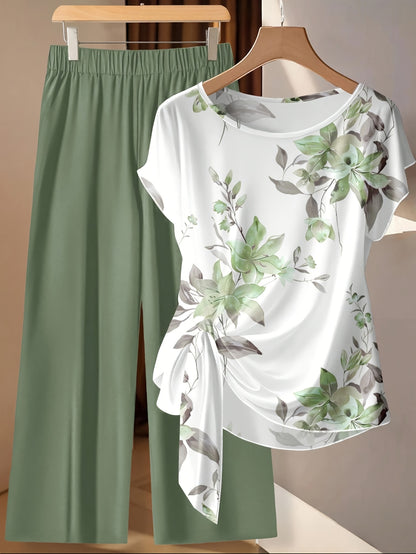 Women's Floral Bow-Tie Blouse & Loose Straight Pants Set