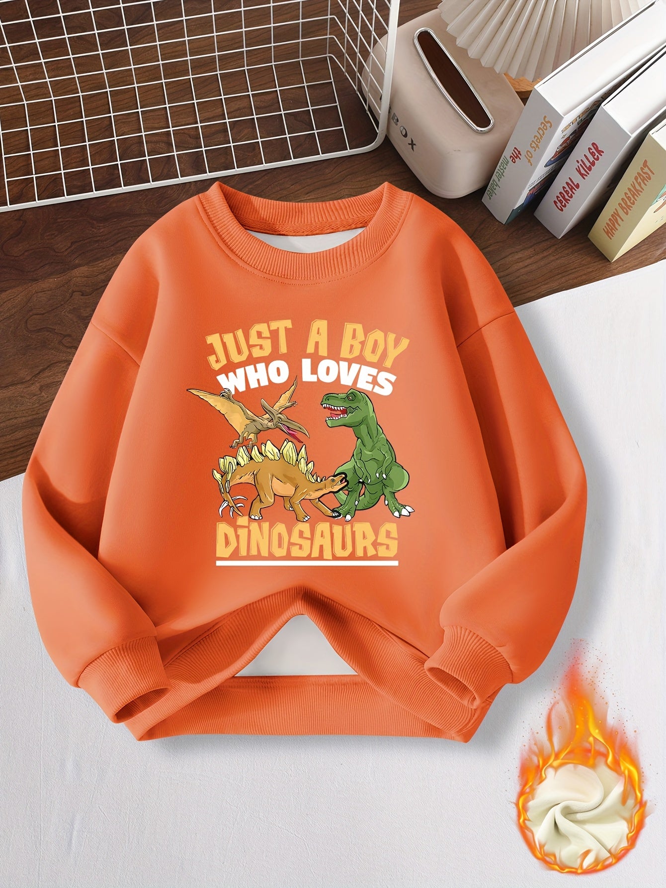 Boys' Warm Fleece Dinosaur Pullover Sweatshirt for Fall Winter