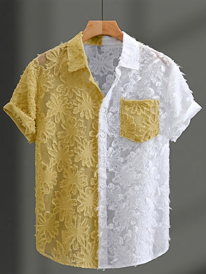 Men's Casual Sheer Lapel Collar Short Sleeve Shirt for Summer