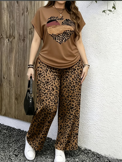 Leopard Print Casual Long Pants Set with Side Drawstring