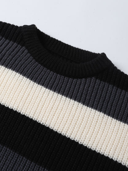 JNBLDA Chic Striped Knitted Sweater, Men's Casual Warm Stretch Round Neck Pullover Sweater for Fall Winter