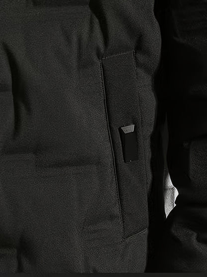 Men's Winter Windproof Thickened Warm College Style Zip-Up Hooded Jacket with Pockets, Casual and Sporty, Machine Washable - Solid Color Suitable for Hiking and Outdoor Activities