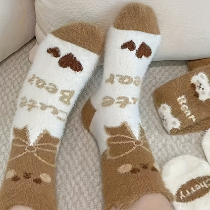 5 Pairs Women'S Cozy Fleece-Lined Mid-Calf Socks with Adorable Cartoon Bear Design - Thick, Warm, Breathable, and Soft for Home Comfort, Perfect for Fall and Winter, Cozy Home Wear | Playful Sock Design | Soft Fleece Lining,