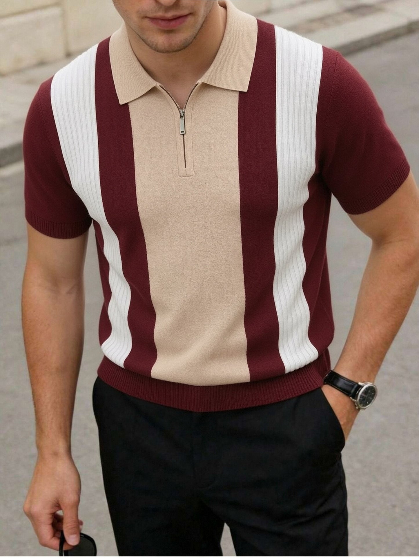 Men's Striped Knit Polo Shirt with Half-Zip for Summer Workwear