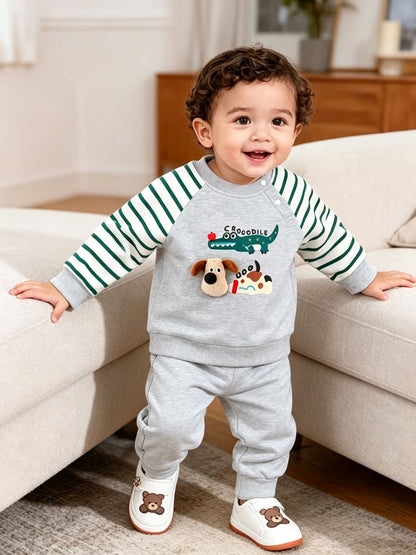 Boys 2-Piece Cotton Set: Striped Long Sleeve Top & Grey Pants