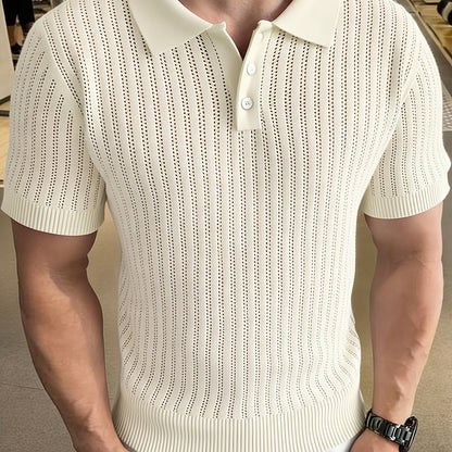 Men'S Summer Knitted Polo Shirt | Breathable Striped Design, Casual Lapel Collar, Short Sleeves, Three-Button Closure, Slim Fit, Ideal For Business Casual And Travel - ayq