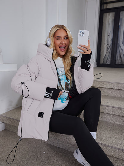 Women's Stylish Beige Puffer Jacket - Casual Warm Winter Coat with Black Trim, Long Sleeves & Zippered Hood, Polyester Fabric for Outdoor Comfort