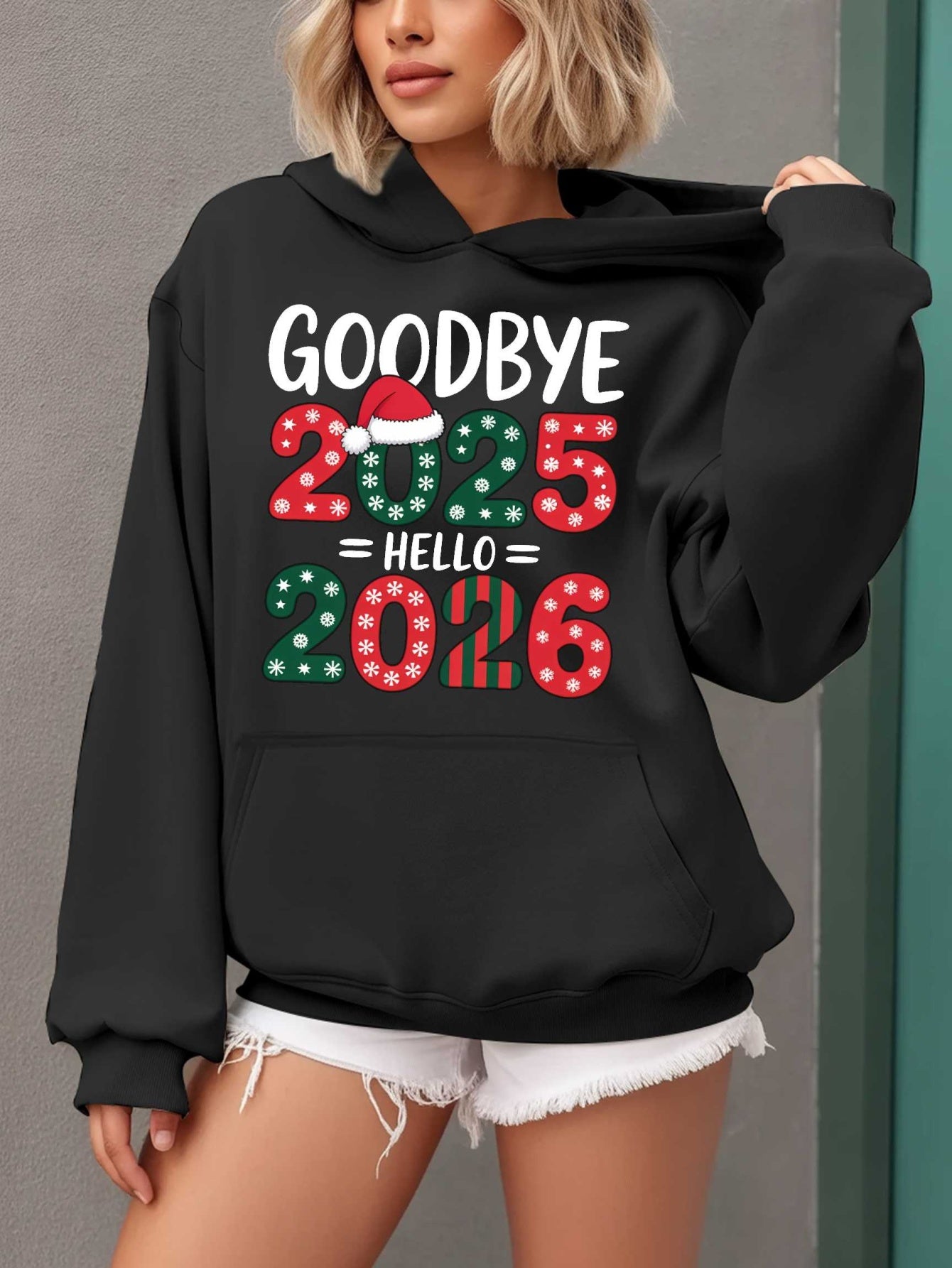 Women'S Hoodie - Goodbye 2025 Hello 2026 Sweatshirt with Christmas Countdown Design, Beige Pullover Hoodie, Front Pocket for Fall/Winter, Cozy Long Sleeve Sweater for New Year'S Eve & Everyday Winter Outfits - Perfect Gift fo