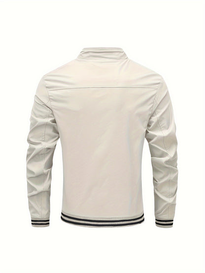 Men's Stand Collar Long Sleeve Zip Up Sports Jacket With Contrast Trim Design, Men's Spring Fall Outwear, As Gifts